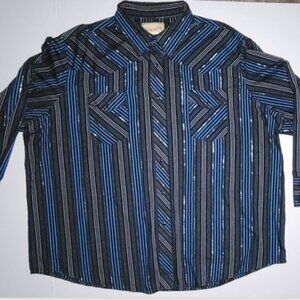 Wrangler Western Fashion Mens Black and Blue Striped Long Sleeve Shirt Size 3XL